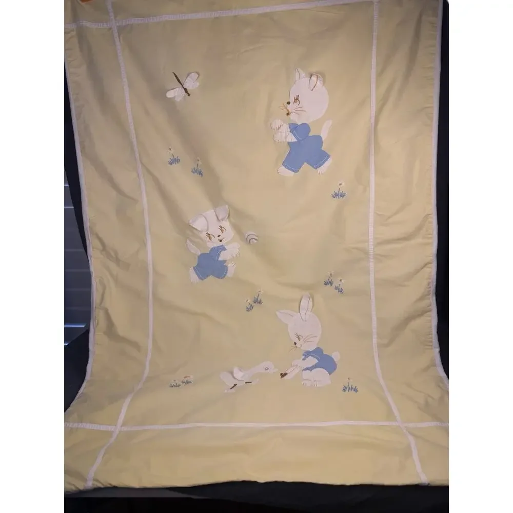 Vintage Handmade Baby Blanket Quilt Wall Hanging Nursery Animals Cat Duck32”x48”